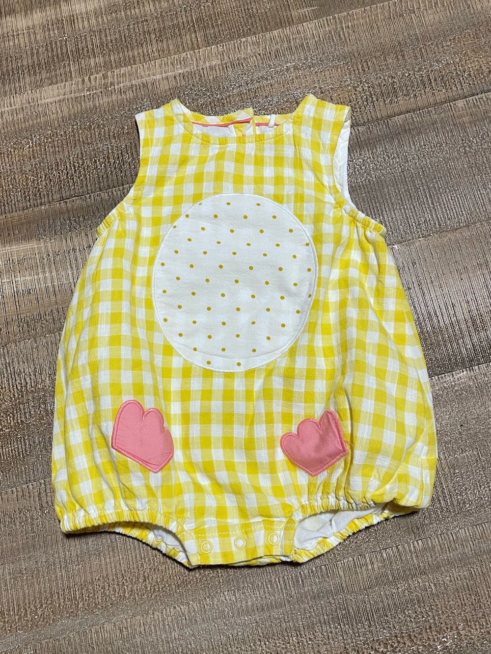Baby Boden Yellow Gingham Baby Romper with Pink Heart Accents